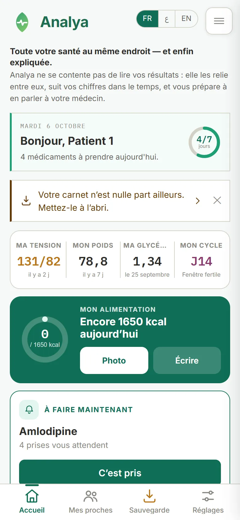 Écran d'accueil d'Analya : l'accroche, la carte du jour, quatre pastilles de suivi, Mon alimentation et « À faire maintenant »