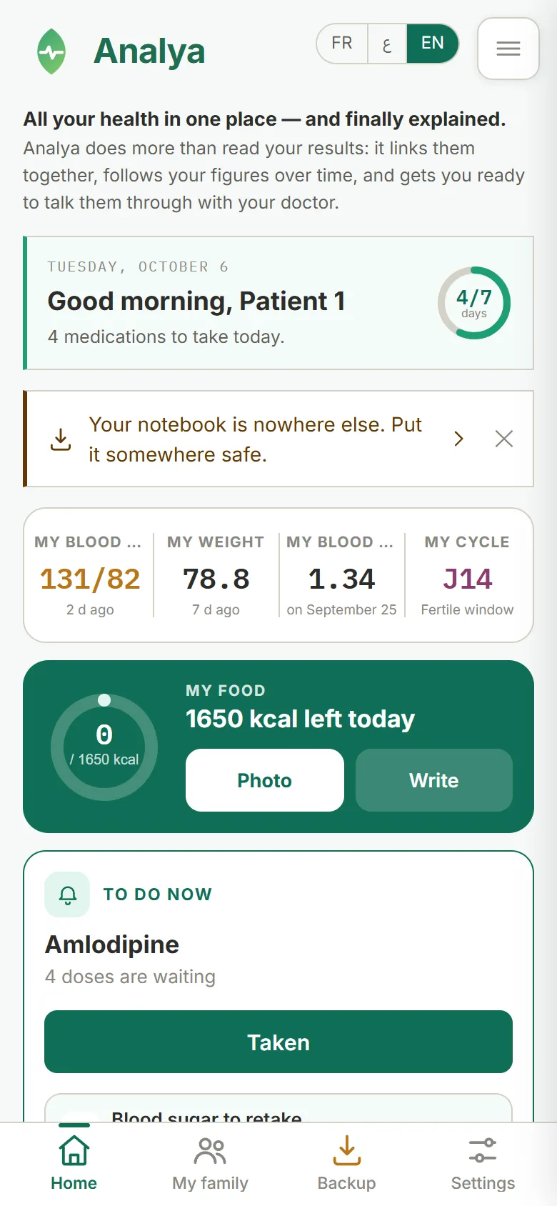 Analya home screen: the tagline, the daily card, four tracking tiles, My food and "To do now"