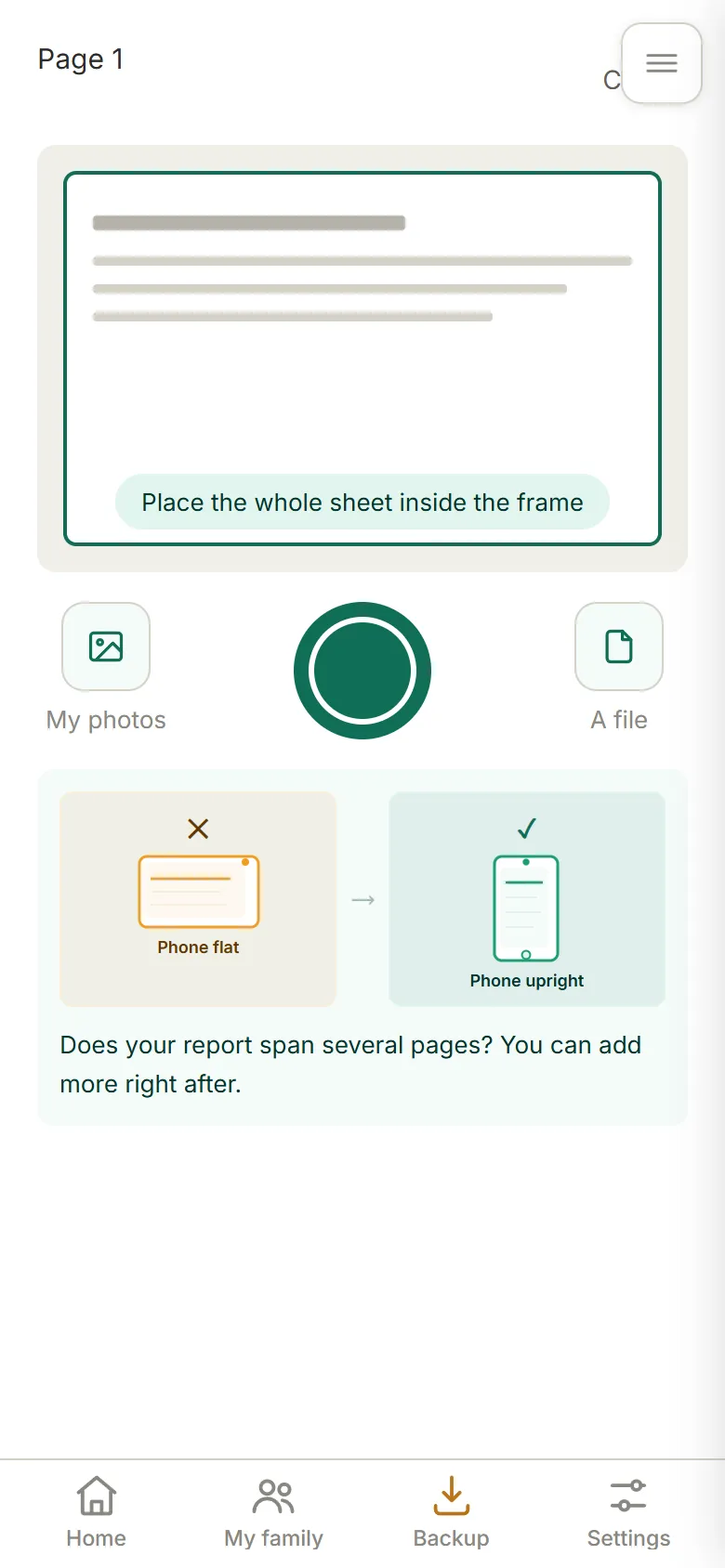 Blood test photo screen: camera, photo gallery, file or PDF