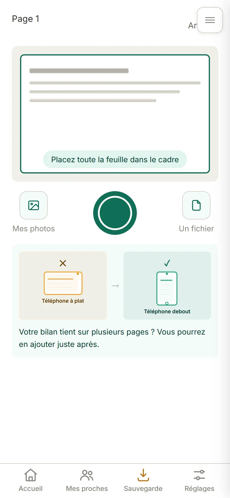 Écran de prise de photo d'un bilan : appareil photo, galerie, fichier ou PDF