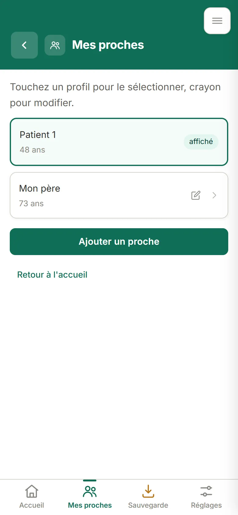 Écran Mes proches : les profils enregistrés sur le téléphone