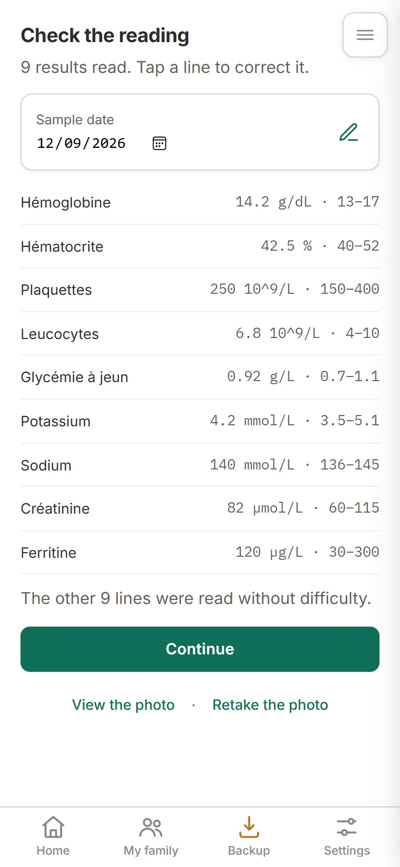 "Check the reading" screen: the sample date and each value checked