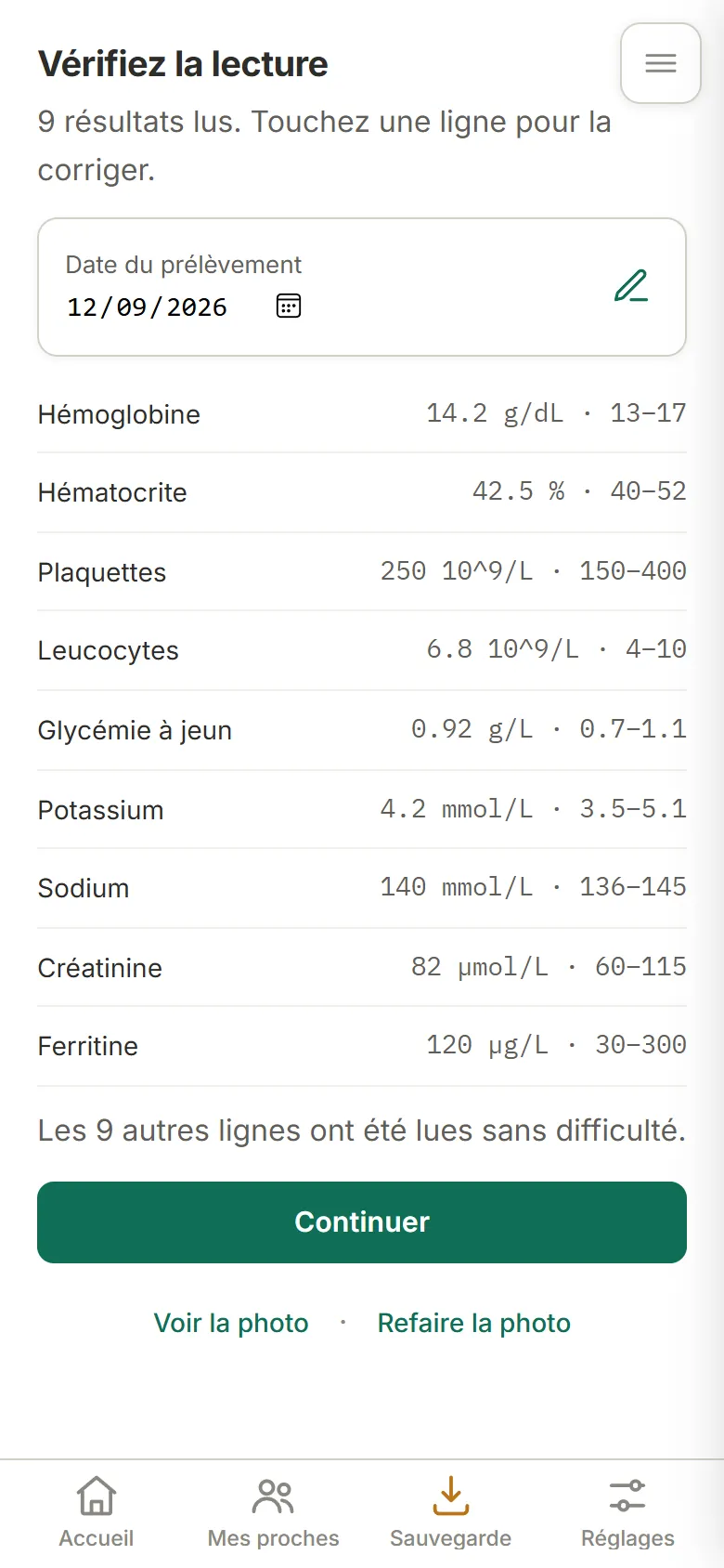Écran « Vérifiez la lecture » : la date du prélèvement et chaque valeur relue